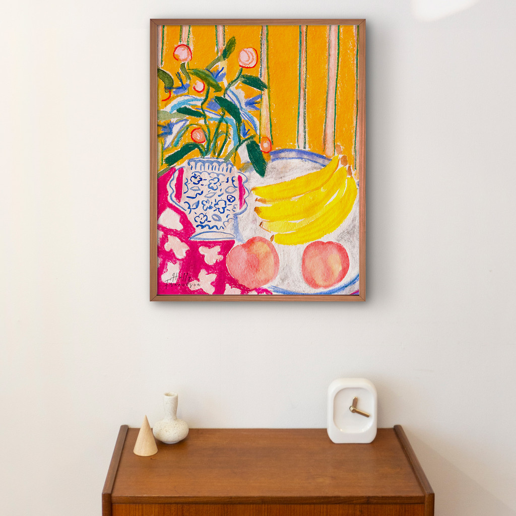 'Les Bananes' Banana & Vase Art Print - Mixed Media Watercolour Pastel Poster by Holly Francesca