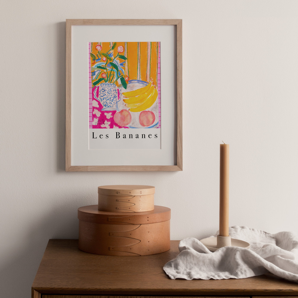 'Les Bananes' Banana & Vase Art Print - Mixed Media Watercolour Pastel Poster by Holly Francesca
