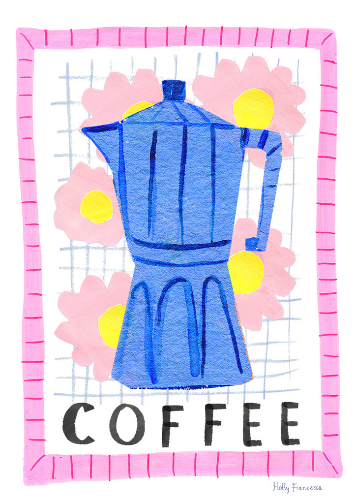 Moka Pot Coffee Art Print - Watercolour Collage Poster by artist Holly Francesca