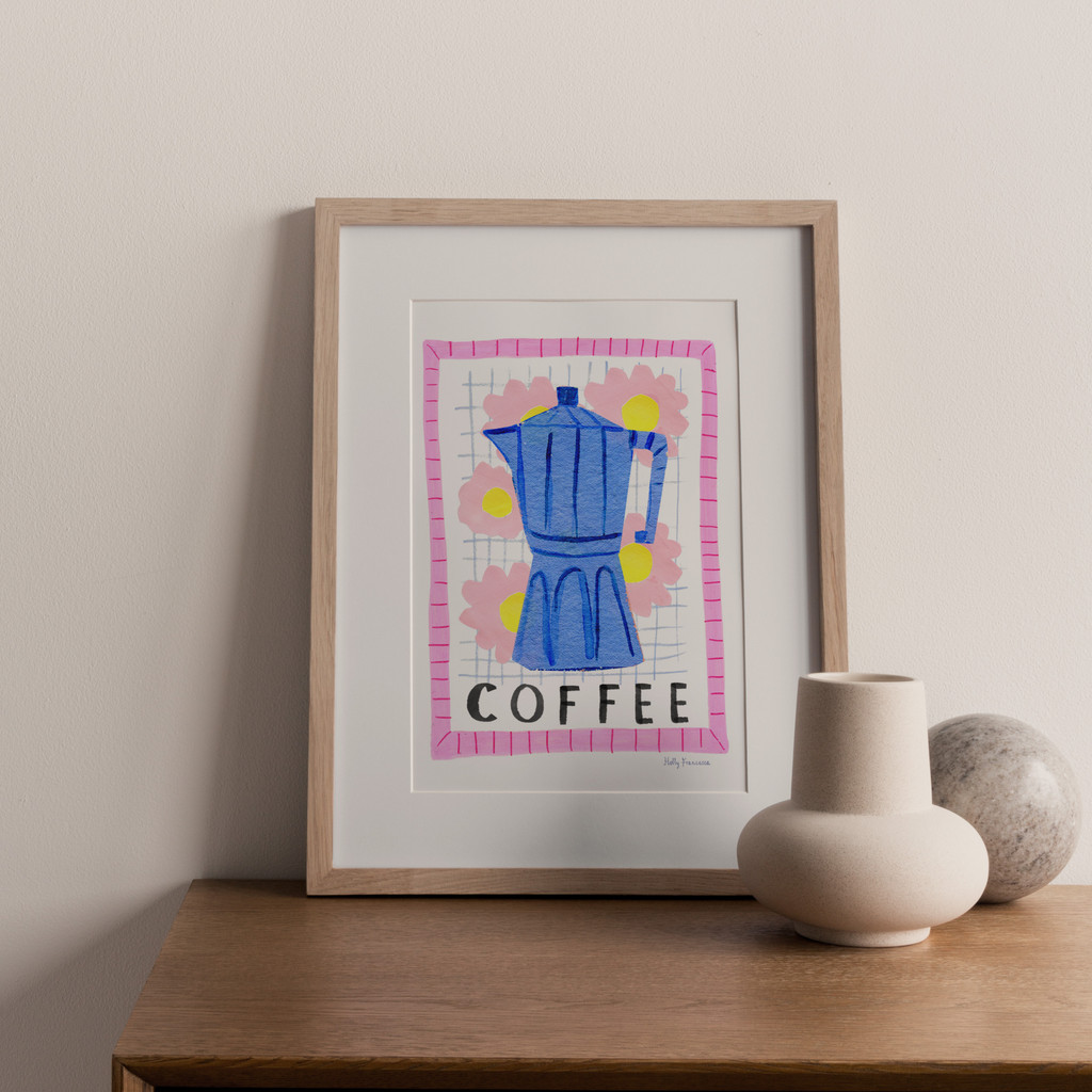 Moka Pot Coffee Art Print - Watercolour Collage Poster by artist Holly Francesca