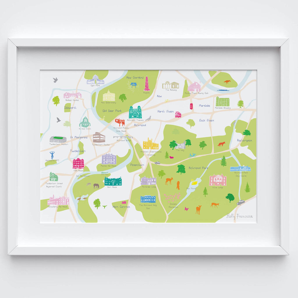 Illustrated hand drawn Map of Richmond and Surrounding Areas art print by artist Holly Francesca.