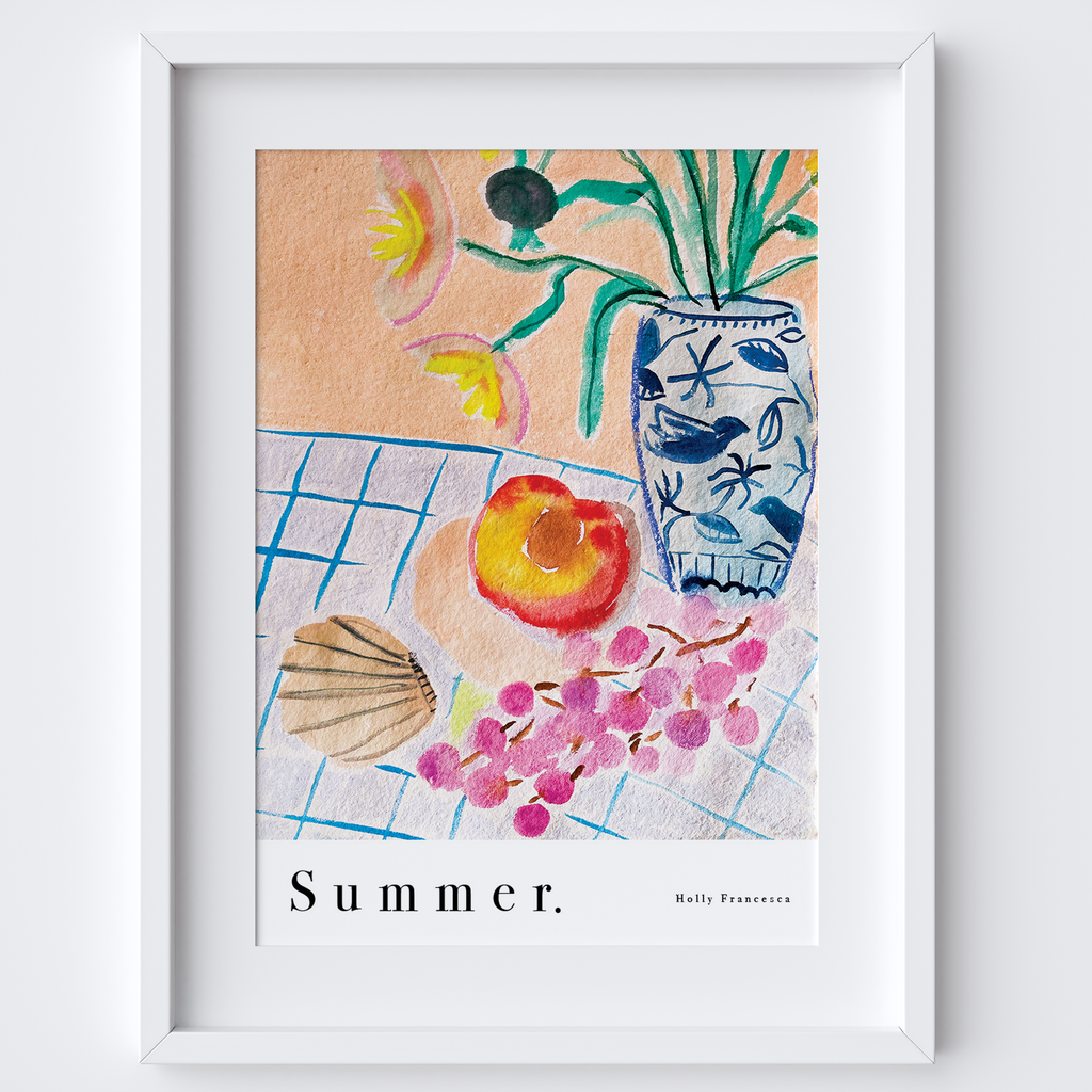 Peach, Shell & Vase Art Print - Watercolour Still Life Poster by Holly Francesca