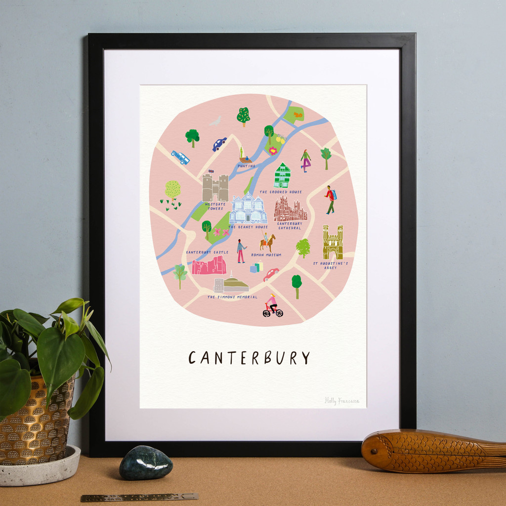 Framed Map of Canterbury in Kent. Created by artist, Holly Francesca.