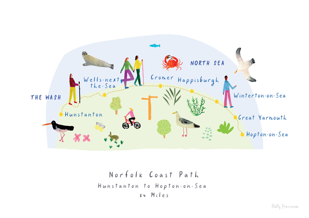 Norfolk Coast Path Route Map Art Print by Holly Francesca