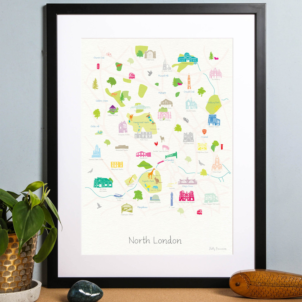 Illustrated hand drawn Map of North London art print by artist Holly Francesca.