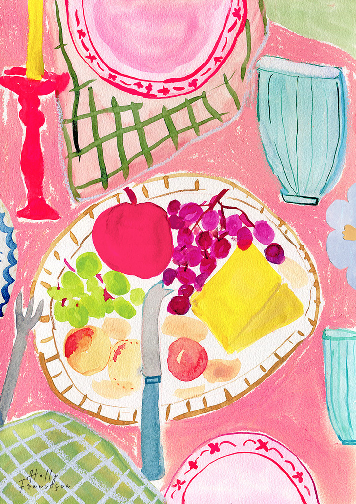 Cheese & Wine Art Print - Watercolour Pastel Poster by Holly Francesca. Fromage et Vin