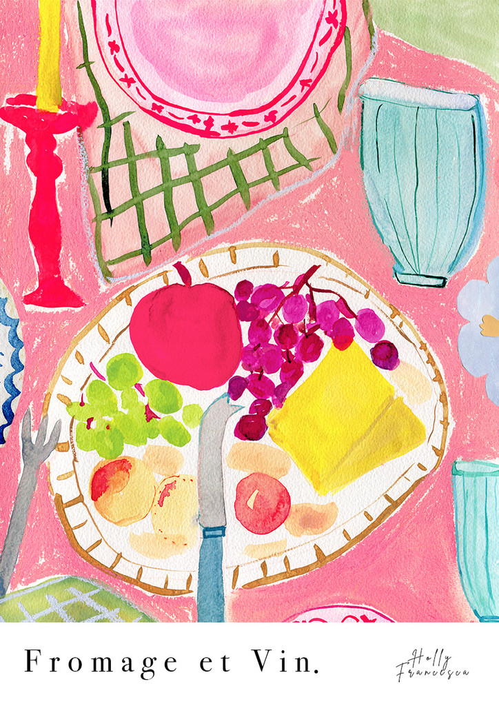 Cheese & Wine Art Print - Watercolour Pastel Poster by Holly Francesca. Fromage et Vin