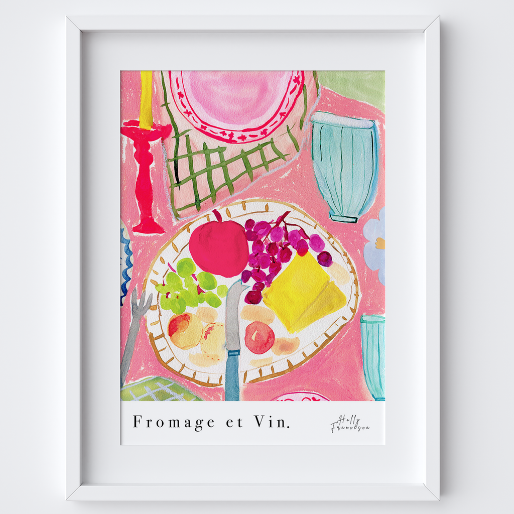 Cheese & Wine Art Print - Watercolour Pastel Poster by Holly Francesca. Fromage et Vin