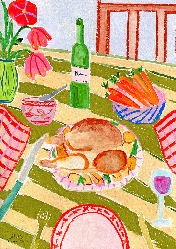 Roast Dinner Sunday Lunch Art Print - Watercolour Pastel Poster by artist & illustrator Holly Francesca