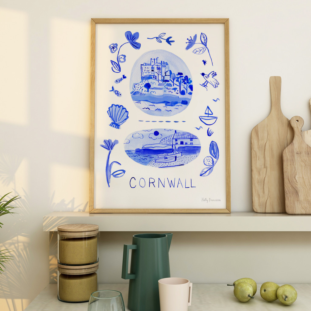 Cornwall Blue Portuguese 'Azulejo' tiles - Watercolour Painted Scene Art Print by Holly Francesca