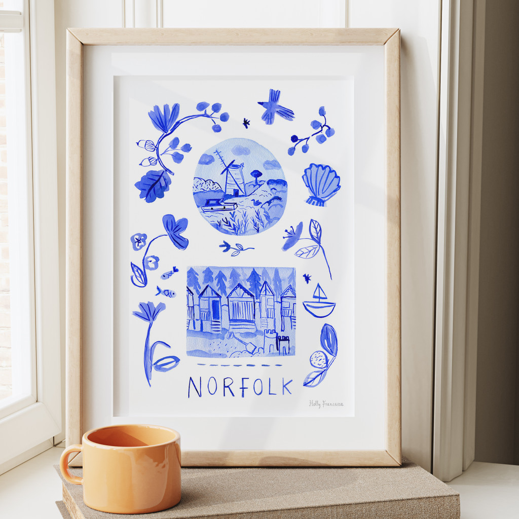 Norfolk Blue Portuguese 'Azulejo' tiles - Watercolour Painted Scene Art Print by Holly Francesca