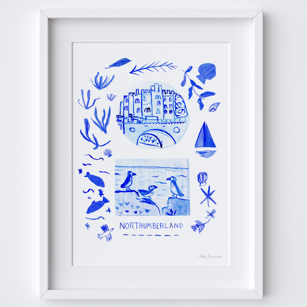 Northumberland Blue Portuguese 'Azulejo' tiles - Watercolour Painted Scene Art Print by Holly Francesca