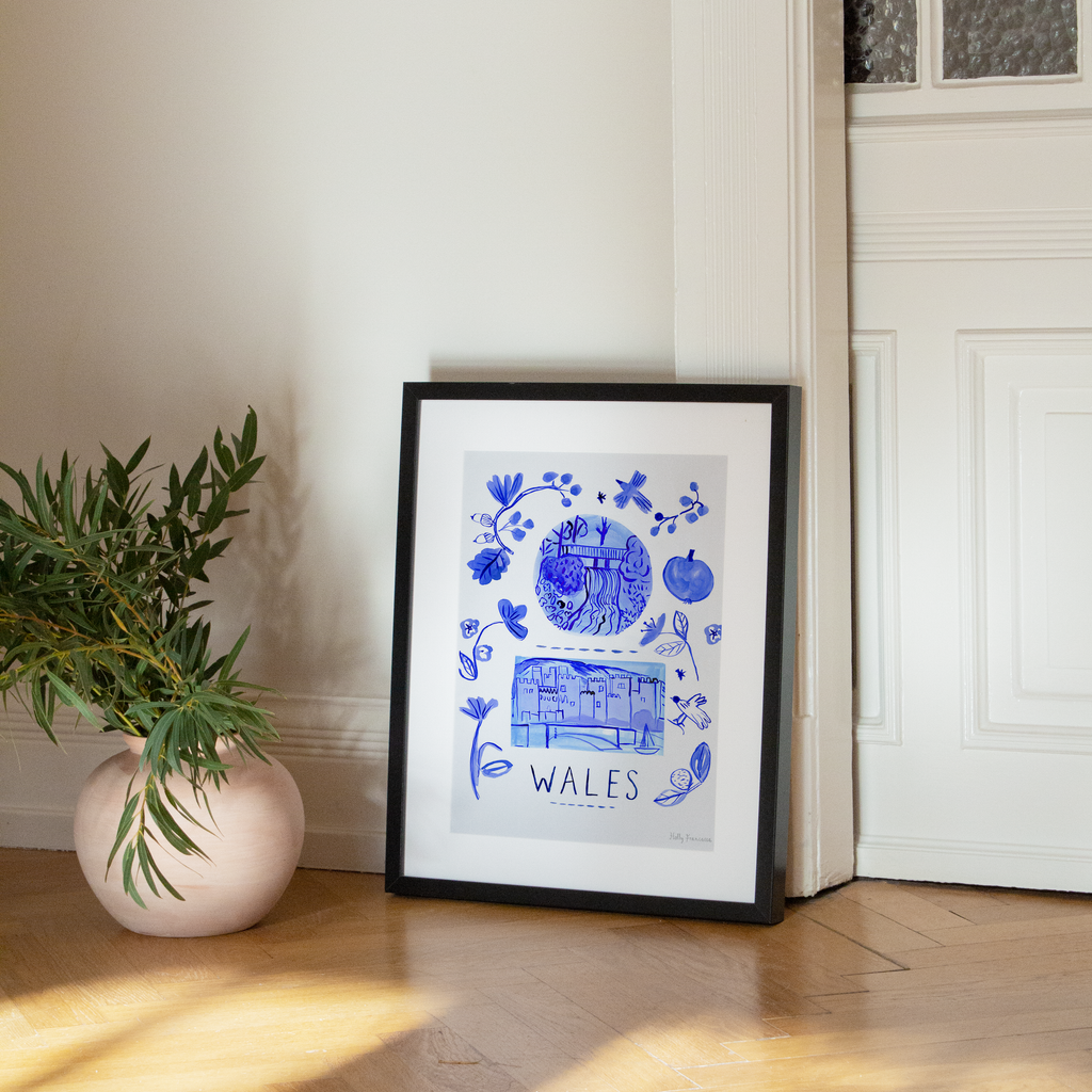 Wales Blue Portuguese 'Azulejo' tiles - Watercolour Painted Scene Art Print by Holly Francesca