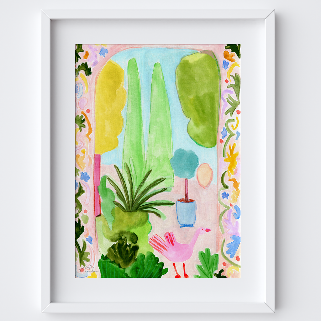 The Pink Arch Perch - Painted Garden Scene Art Print by Holly Francesca