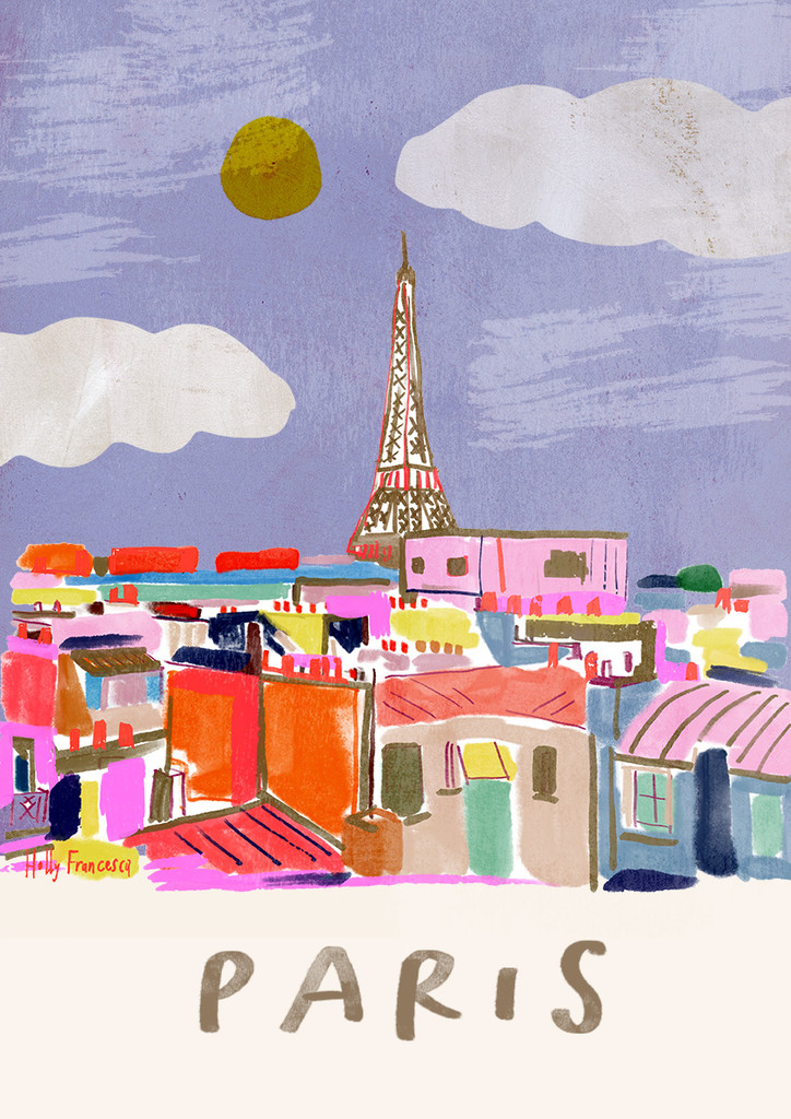 This travel poster of Paris Rooftops & Blue skies was created from an original drawing by artist Holly Francesca.