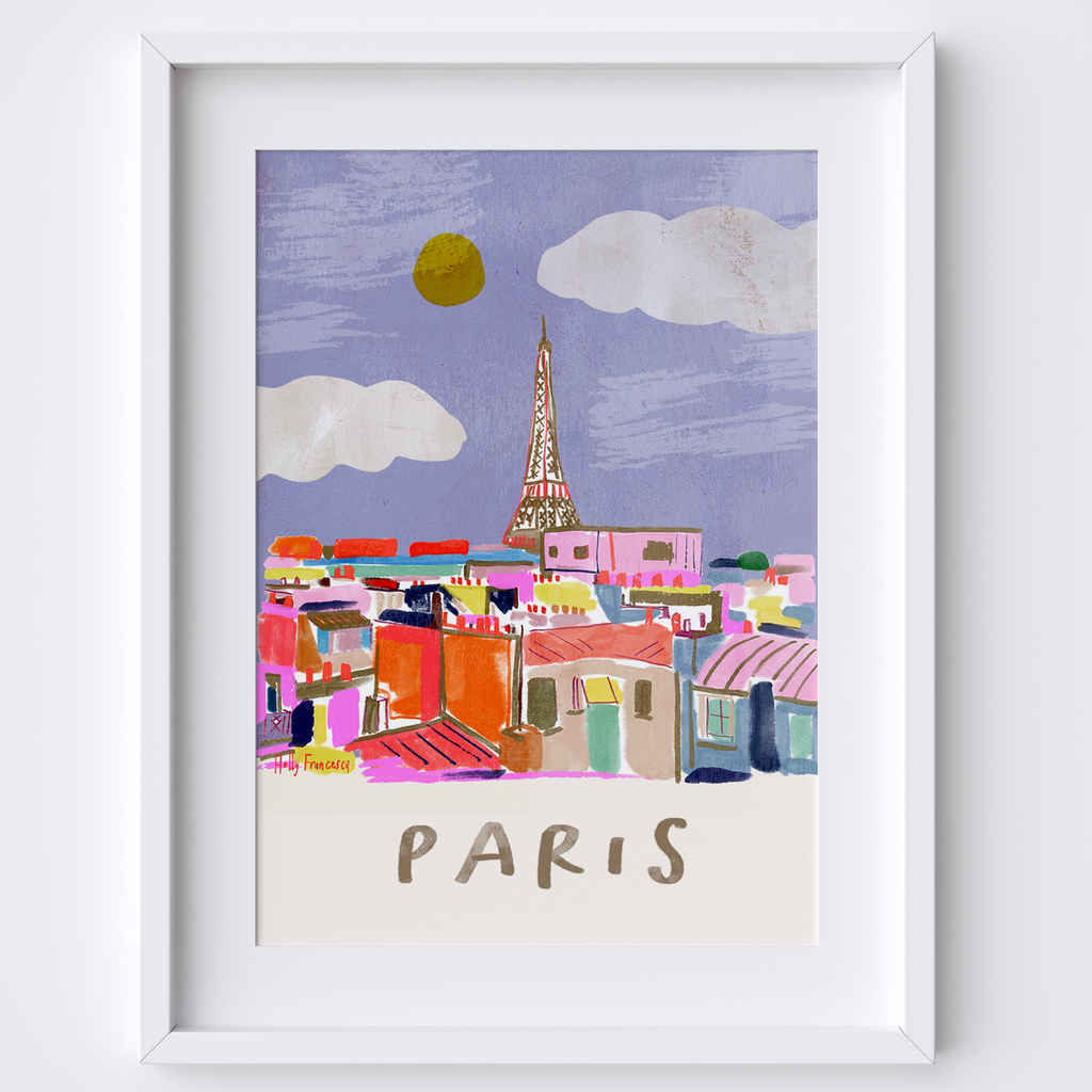 This travel poster of Paris Rooftops & Blue skies was created from an original drawing by artist Holly Francesca.