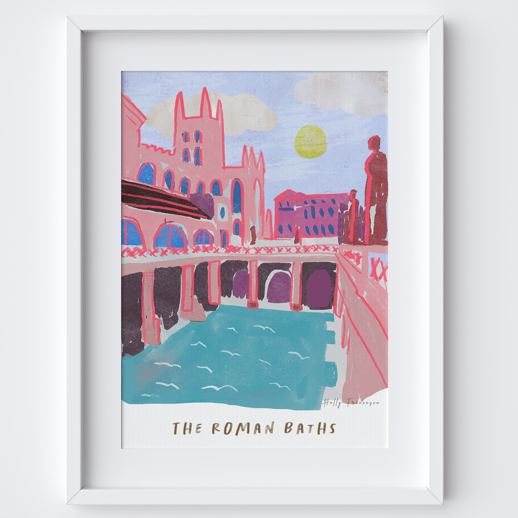 This travel poster of The Roman Baths in Bath, England was created from an original drawing by artist Holly Francesca.