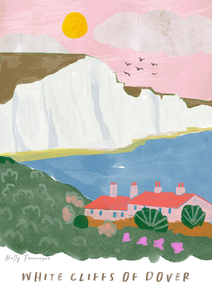 This travel poster of White Cliffs of Dover, Kent Coast was created from an original drawing by artist Holly Francesca.