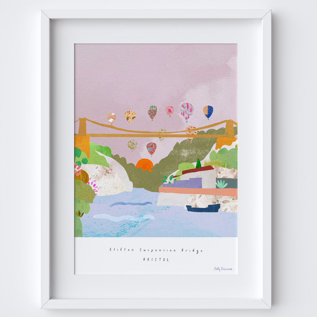 This travel poster of Clifton Suspension Bridge, Bristol was created from an original drawing by artist Holly Francesca.