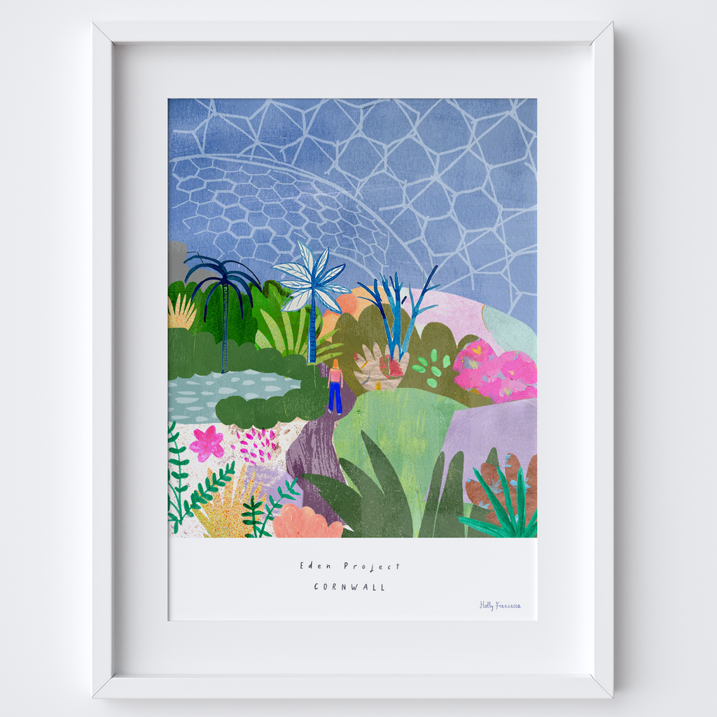 This travel poster of Eden Project, Cornwall. Inside the Glasshouse was created from an original drawing by artist Holly Francesca.