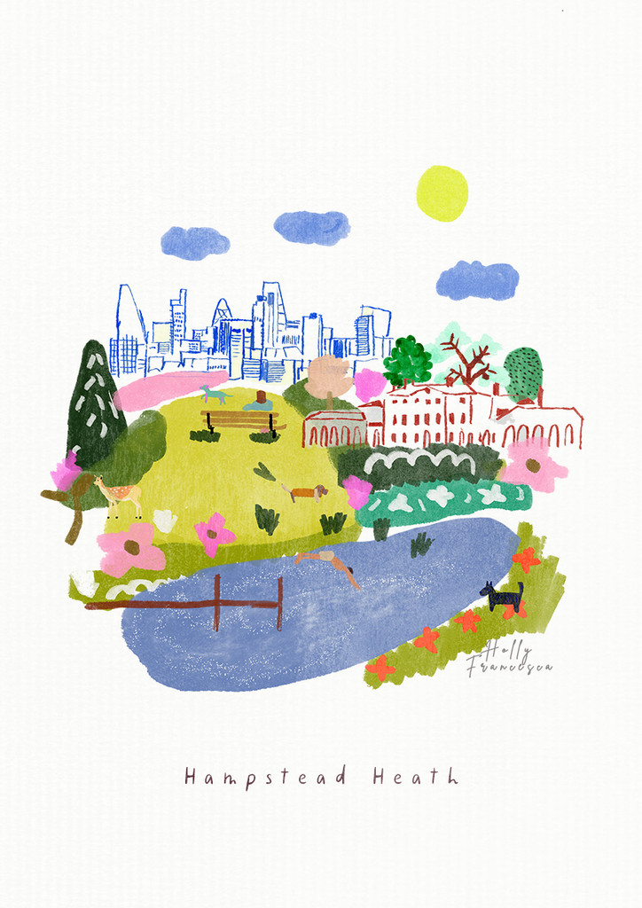 This travel poster of Hampstead Heath Skyline, View from Parliament Hill - North London was created from an original drawing by artist Holly Francesca.