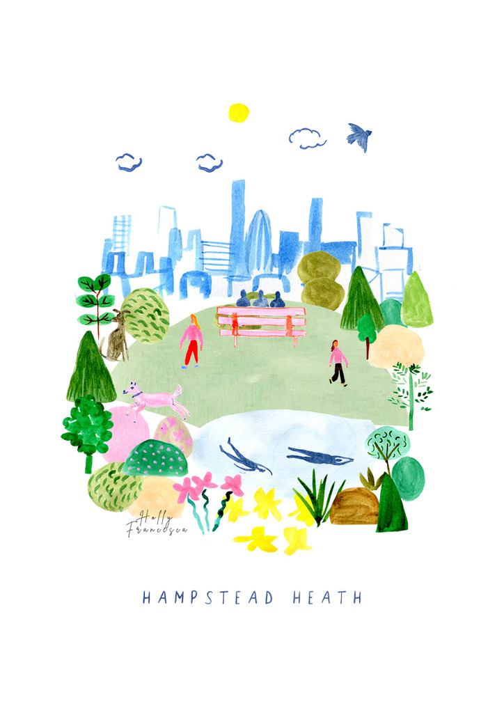 This travel poster of Hampstead Heath Scene, View from Parliament Hill - North London was created from an original drawing by artist Holly Francesca.