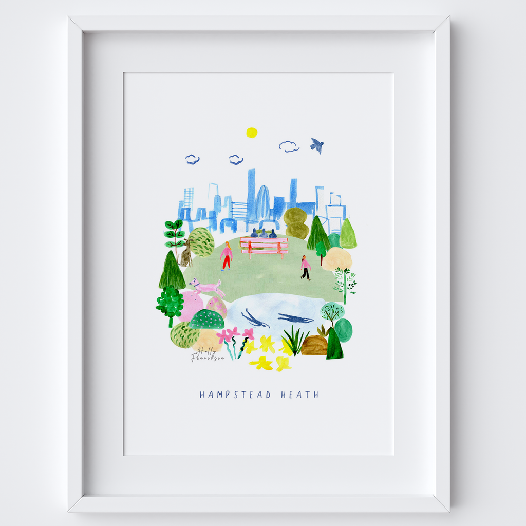 This travel poster of Hampstead Heath Scene, View from Parliament Hill - North London was created from an original drawing by artist Holly Francesca.