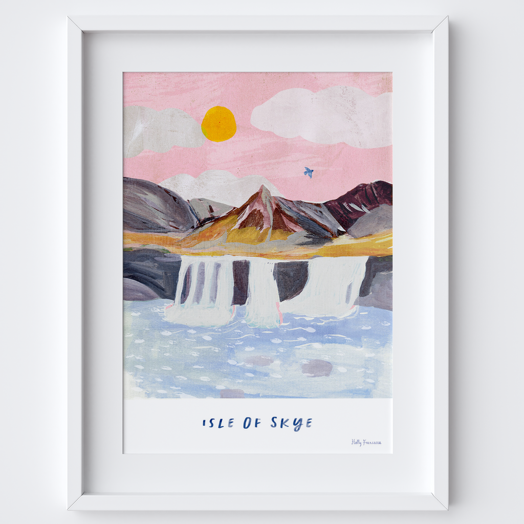 This travel poster of Isle of Skye, Inner Hebrides was created from an original drawing by artist Holly Francesca.