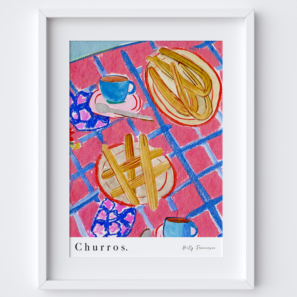 Churros Spanish Table Scene Art Print - Watercolour Pastel Poster by artist Holly Francesca