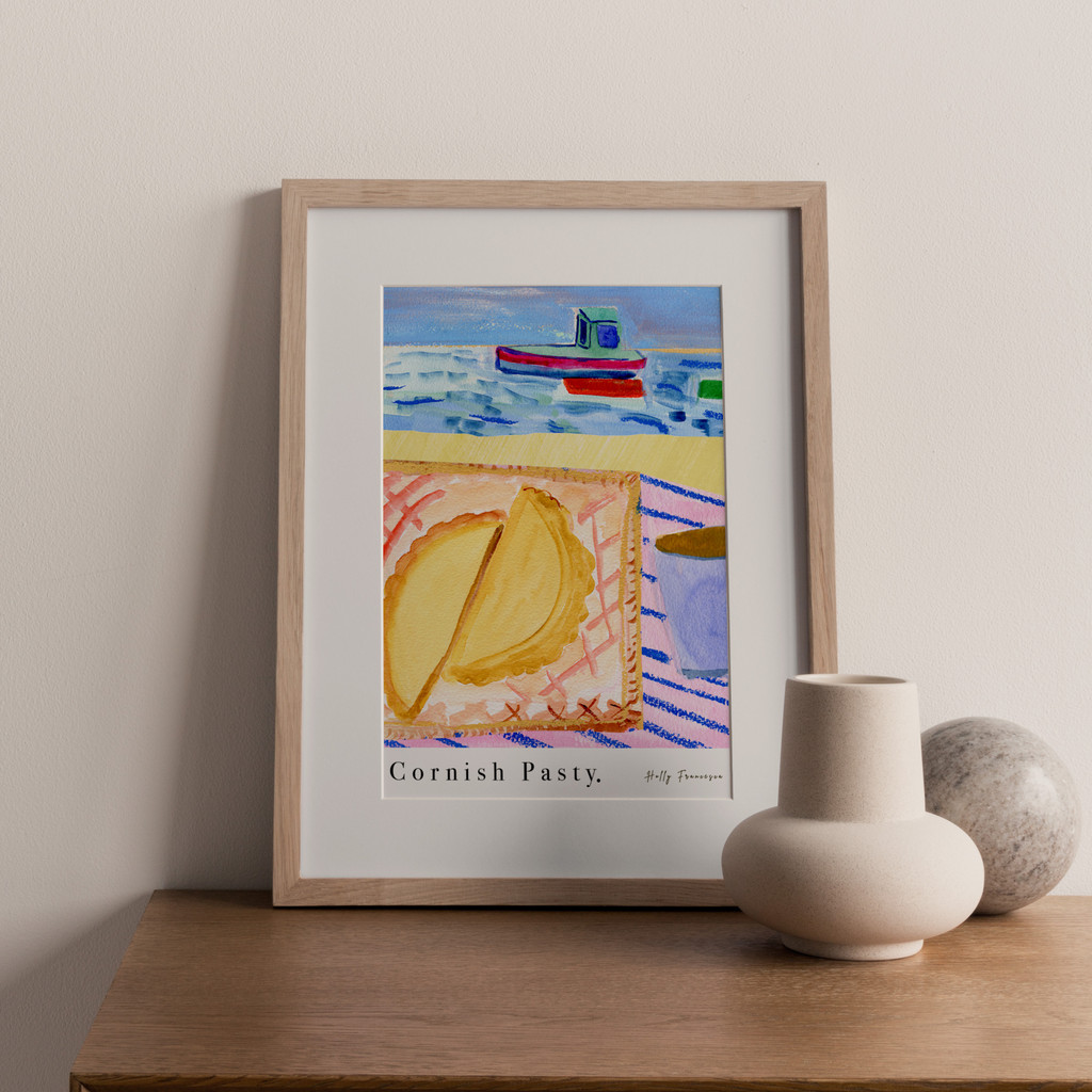 Cornish Pasty Harbour Scene Art Print - Watercolour Pastel Poster by artist Holly Francesca