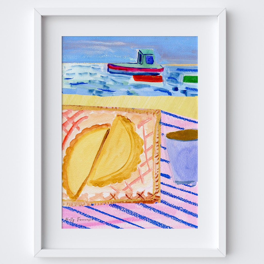 Cornish Pasty Harbour Scene Art Print - Watercolour Pastel Poster by artist Holly Francesca