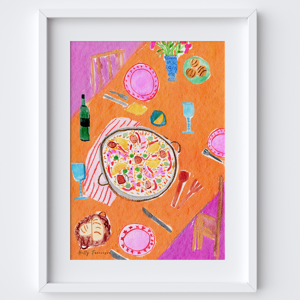 'Paella' Spanish Table Scene Art Print - Watercolour Pastel Poster by artist Holly Francesca