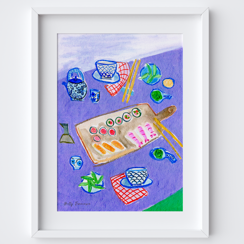 Sushi Japanese Table Scene Art Print - Watercolour Pastel Poster by artist Holly Francesca