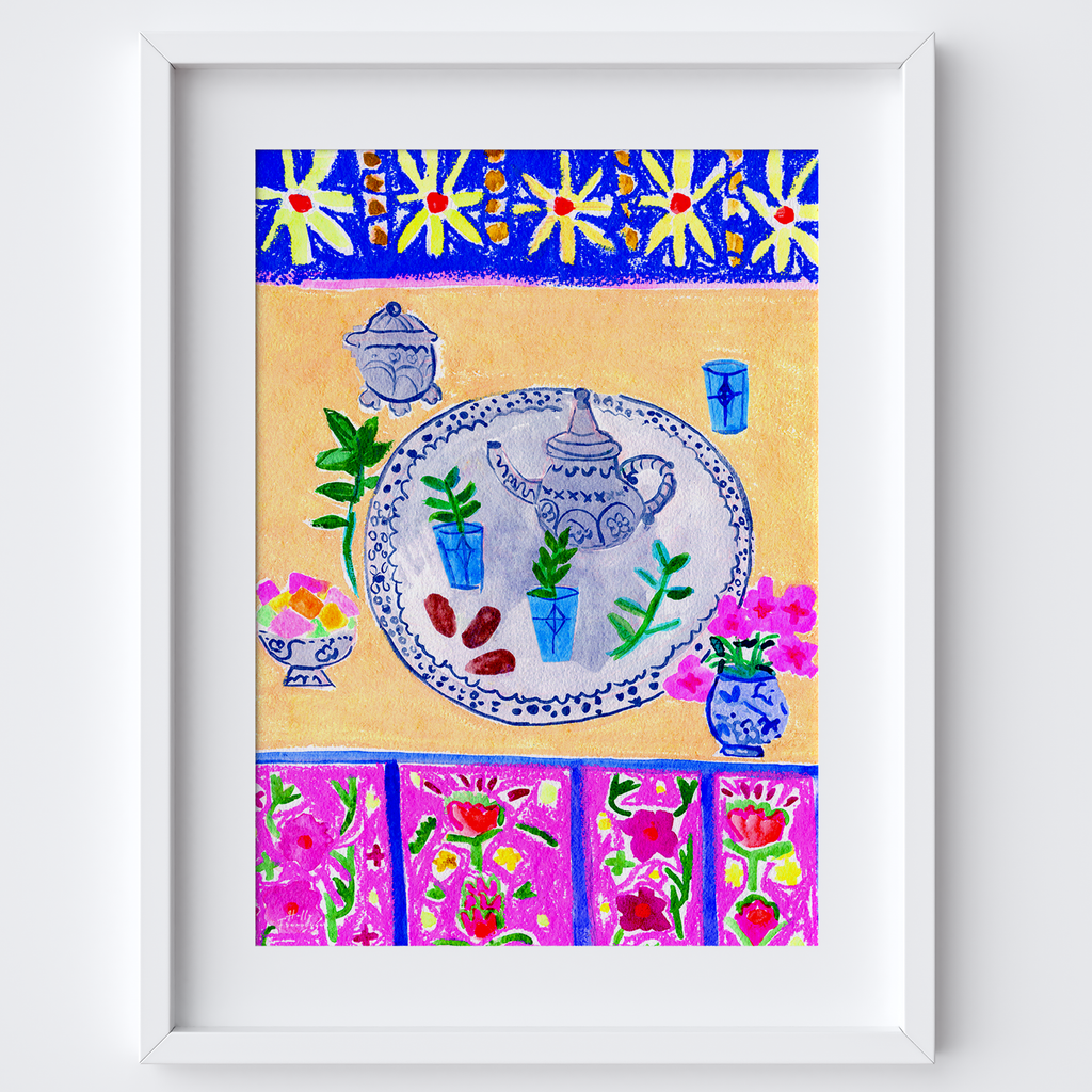 Turkish Tea Table Scene Art Print - Watercolour Pastel Poster by artist Holly Francesca