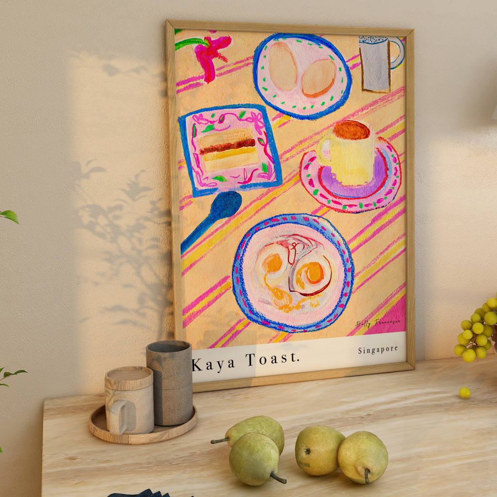 Kaya Toast Singaporean Table Scene Art Print - Watercolour Pastel Poster by artist Holly Francesca