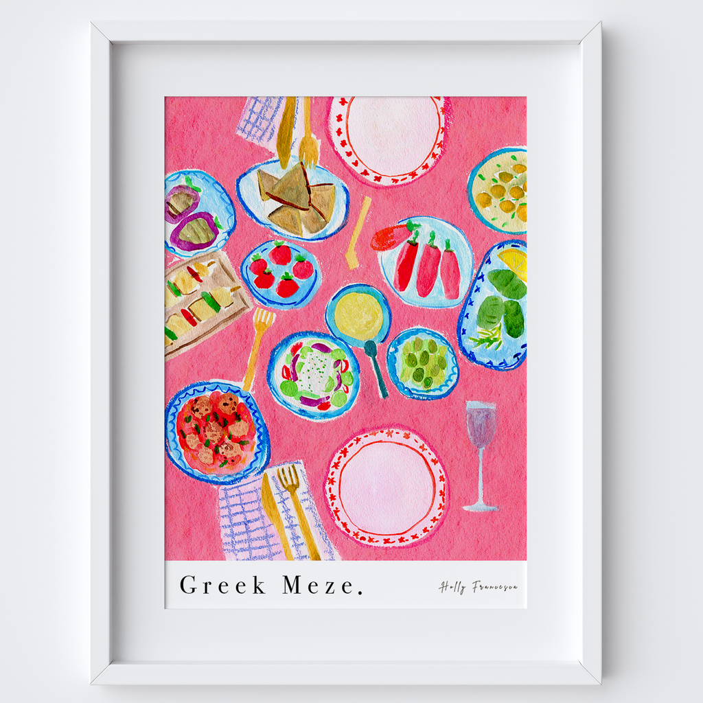 Greek Meze Table Scene Art Print - Watercolour Pastel Poster by artist Holly Francesca