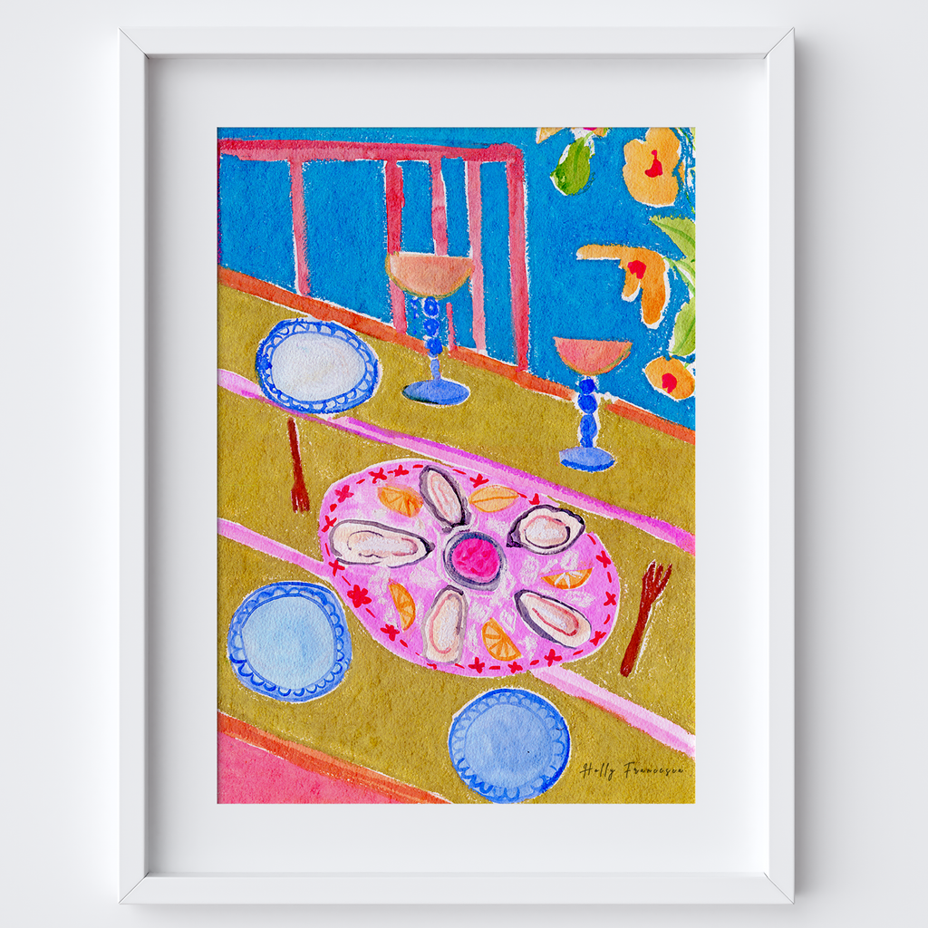 Oysters Table Scene Art Print - Watercolour Pastel Poster by artist Holly Francesca