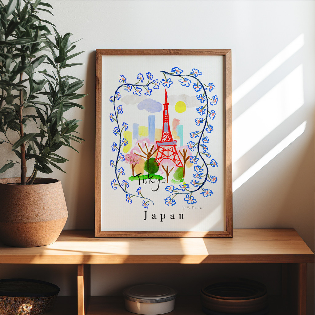 Tokyo Tower, Japan, Asia - Japanese Landmark Travel Print created from an original drawing by artist Holly Francesca.