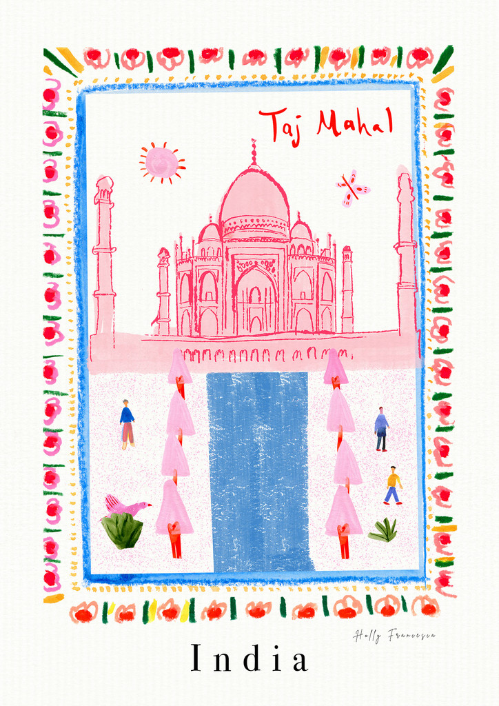 Taj Mahal, India - Indian Landmark Travel Print created from an original drawing by artist Holly Francesca.