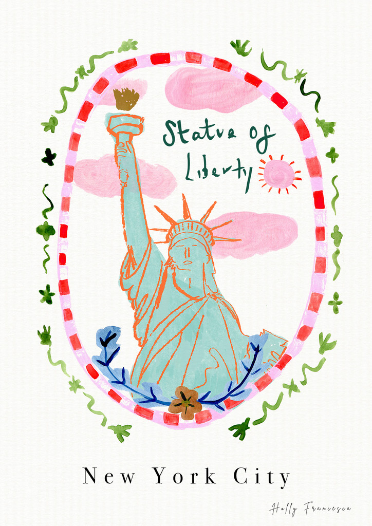 Statue of Liberty, New York City, USA - American Landmark Travel Print created from an original drawing by artist Holly Francesca.