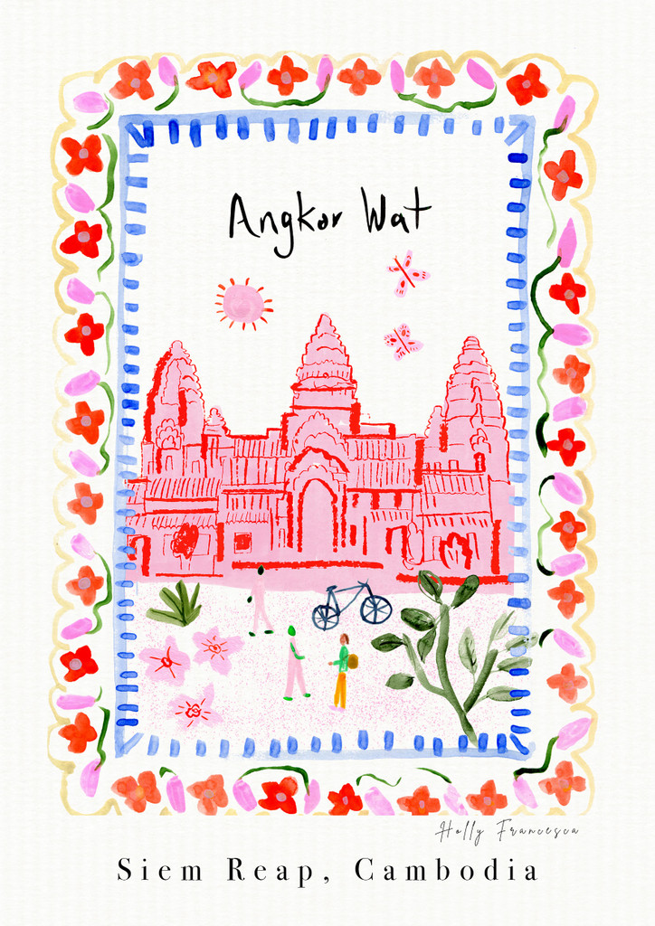 Angkor Wat, Siem Reap, Cambodia - Cambodian Temple Landmark Travel Print created from an original drawing by artist Holly Francesca.