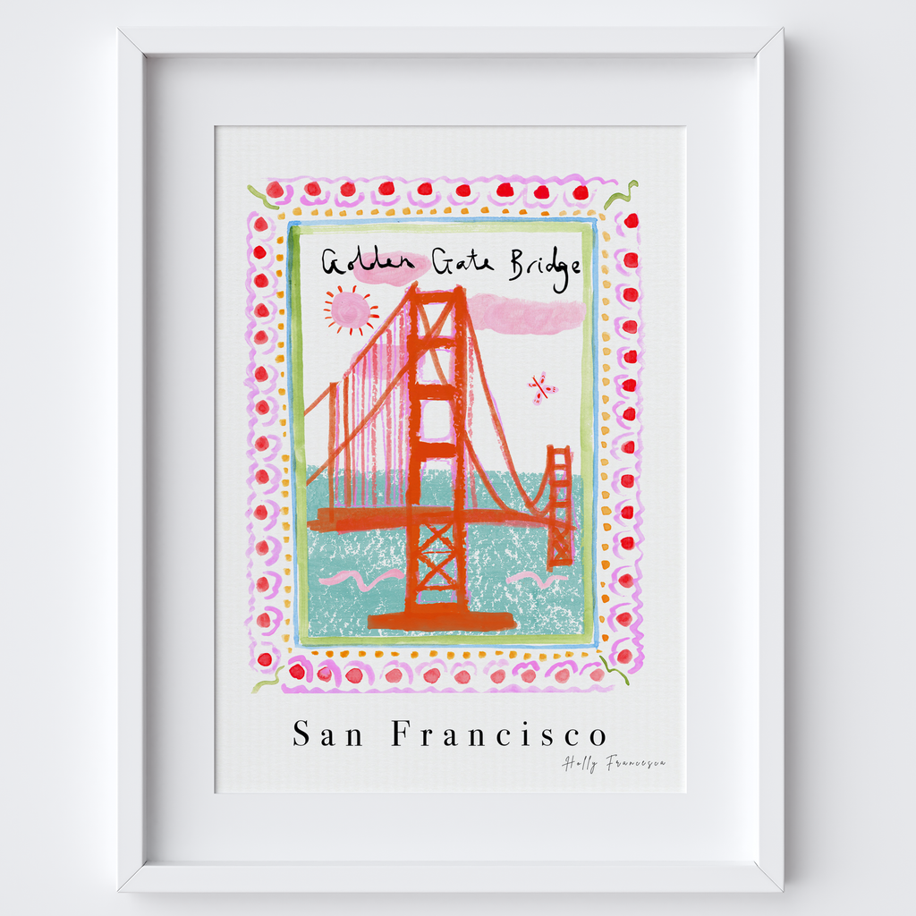 Golden Gate Bridge, San Francisco, California - American Landmark Travel Print created from an original drawing by artist Holly Francesca.