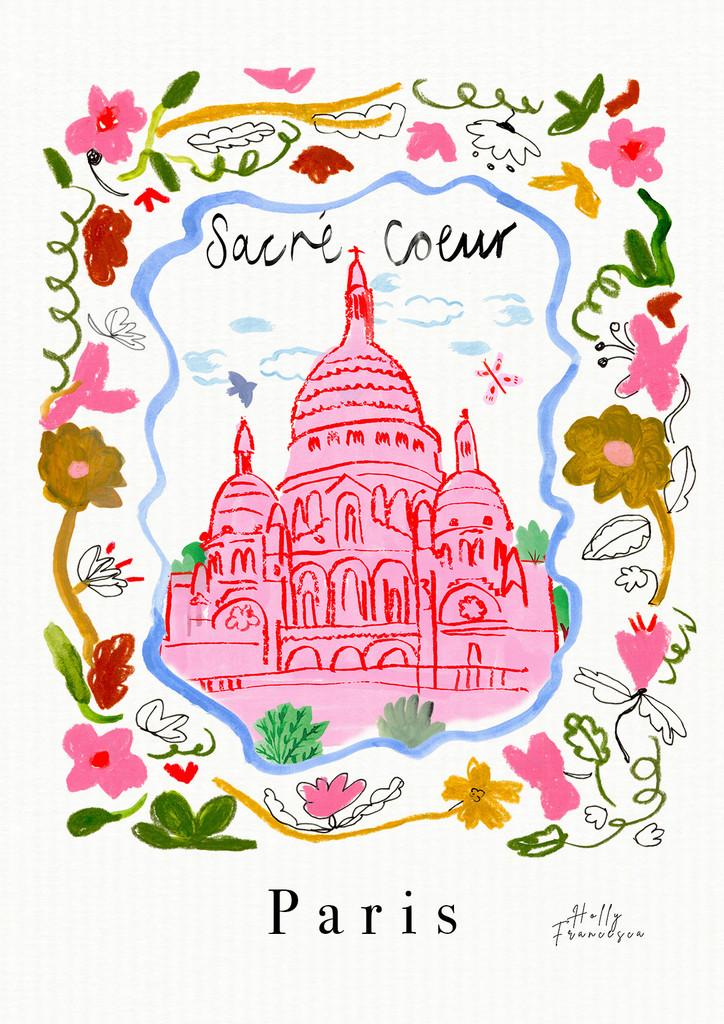 Sacré Coeur, Paris, France - French Landmark Travel Print created from an original drawing by artist Holly Francesca.