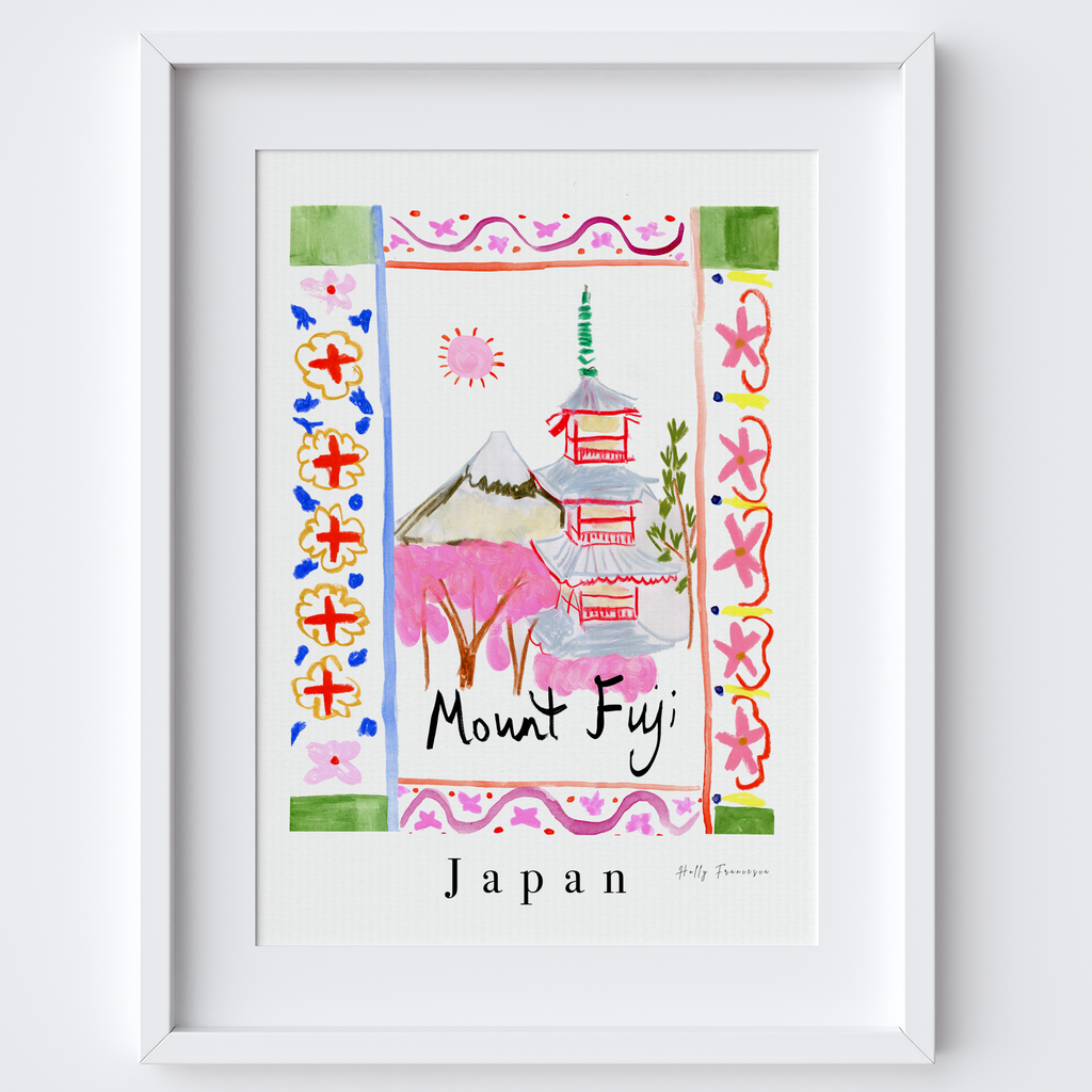 Mount Fuji, Japan, Asia - Japanese Tallest Mountain Travel Print created from an original drawing by artist Holly Francesca.