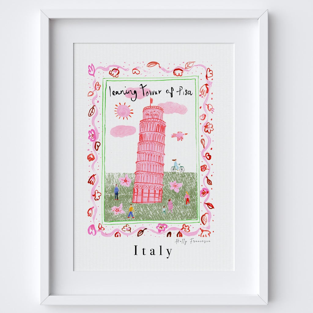 Leaning Tower of Pisa, Italy - Italian Landmark Travel Print created from an original drawing by artist Holly Francesca.