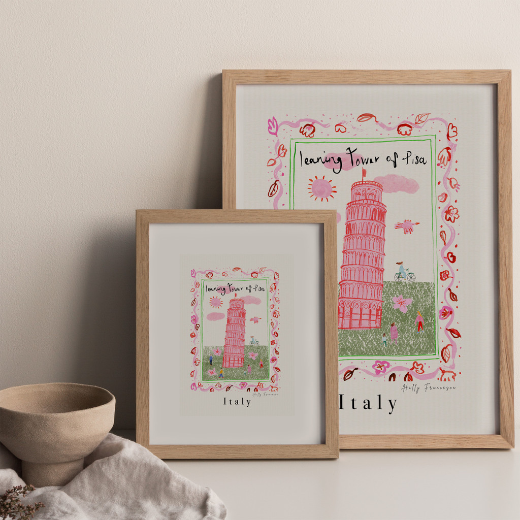 Leaning Tower of Pisa, Italy - Italian Landmark Travel Print created from an original drawing by artist Holly Francesca.