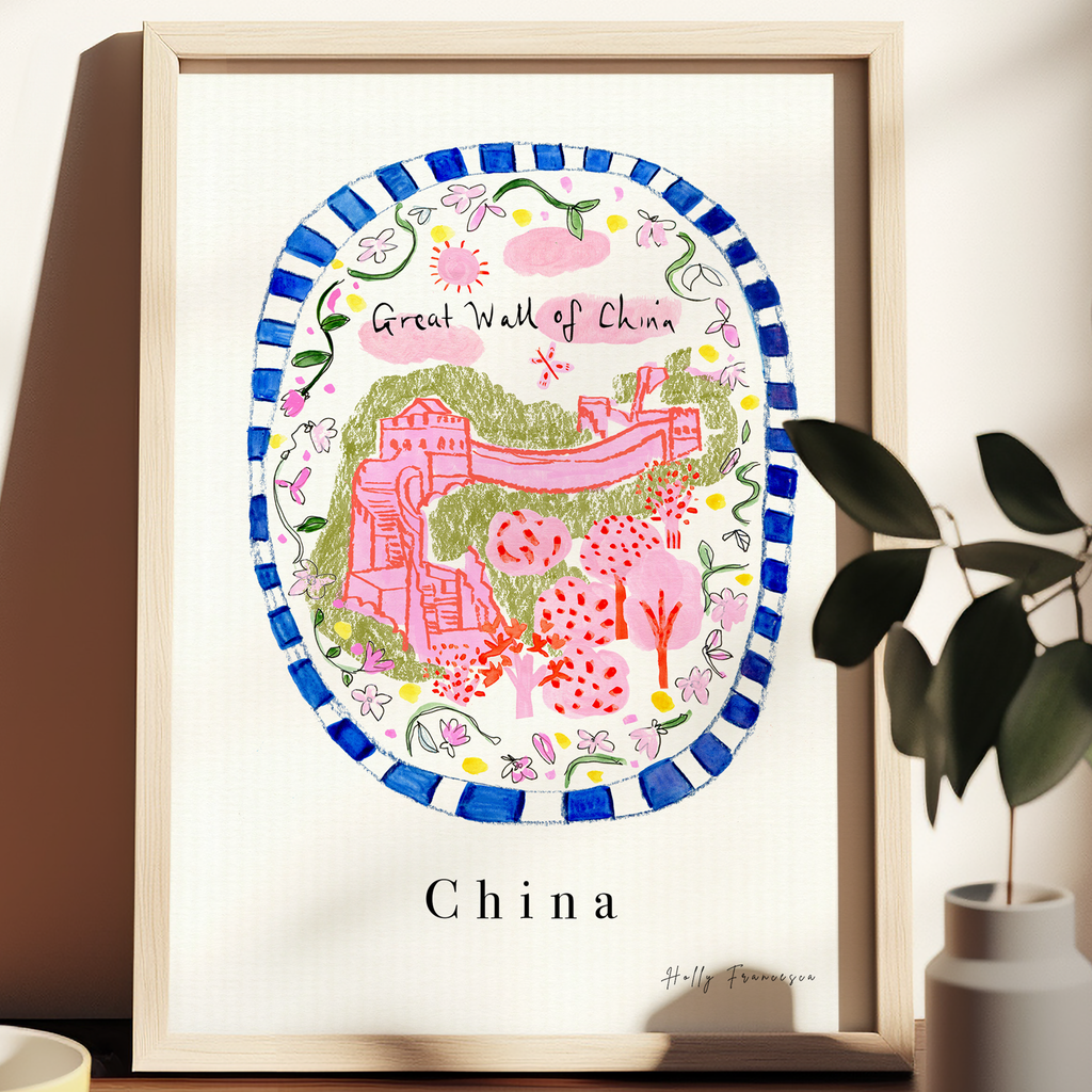 Great Wall of China - Chinese Landmark Travel Print created from an original drawing by artist Holly Francesca.