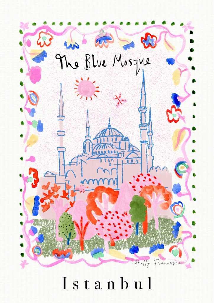 Blue Mosque, Istanbul, Turkey - Turkish Landmark Travel Print created from an original drawing by artist Holly Francesca.