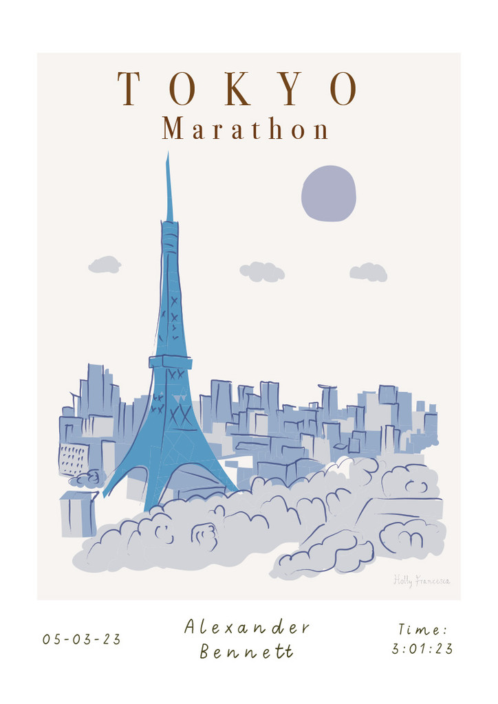 Illustrated hand drawn Tokyo Marathon Scene Landmarks art print by artist Holly Francesca.
