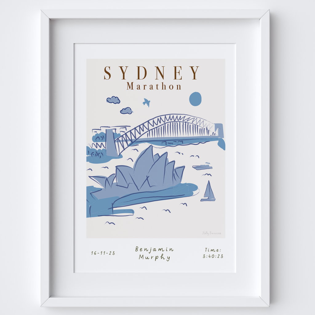 Illustrated hand drawn Sydney Marathon Scene Landmarks art print by artist Holly Francesca.